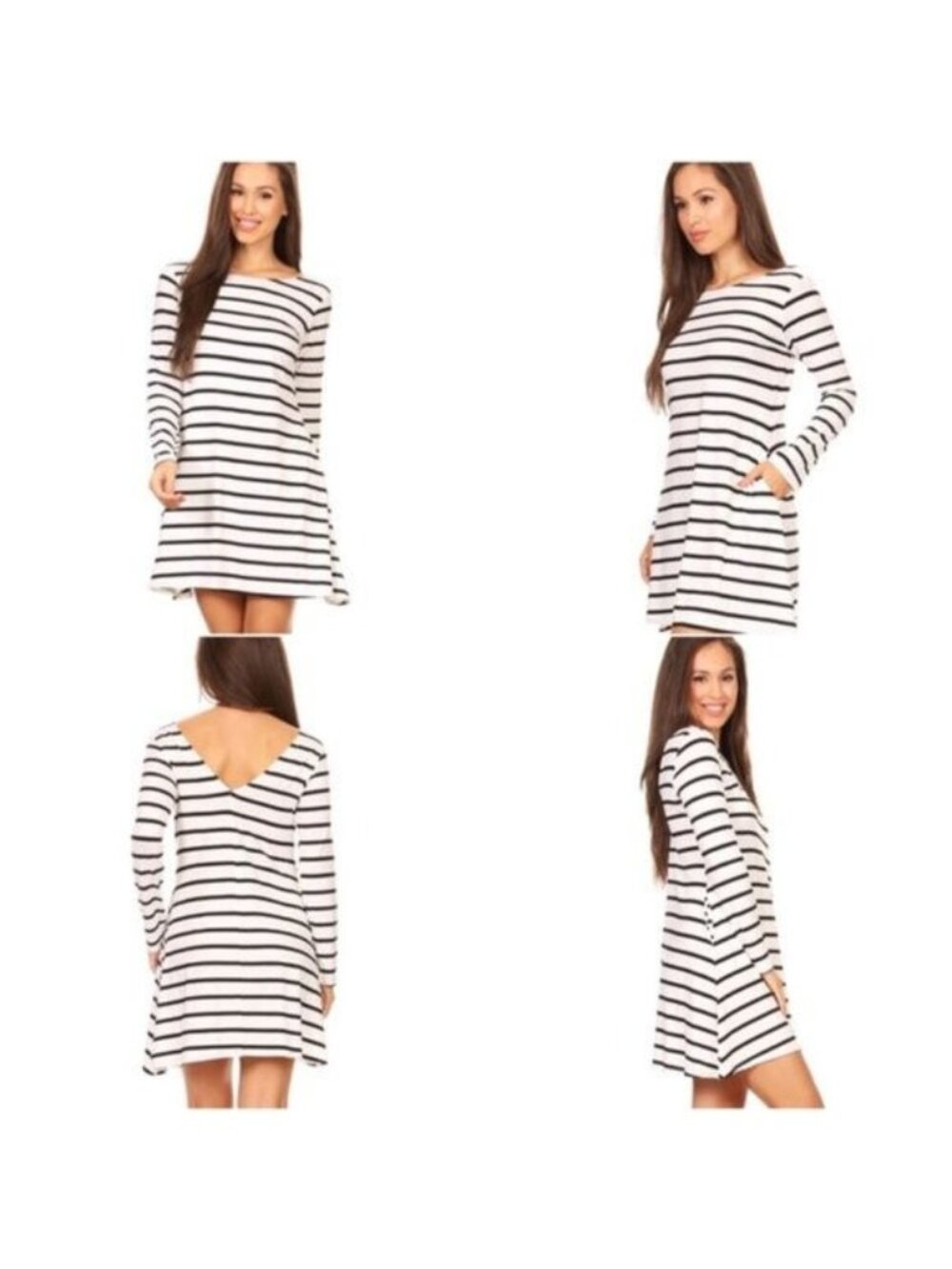 Yelete Long Sleeve Striped Pocket Dress White With Black Stripes